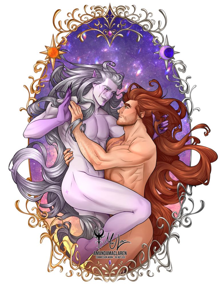 Painting of two men embracing and almost touching hands inside a decorated frame. One of them is an elf with greyish skin and hair, and the other is a human with slightly pointy ears and ginger hair. Their hair is super flowy, and they're looking at each other. 
The frame has a Sun and Moon theme, and the background is a galaxy.