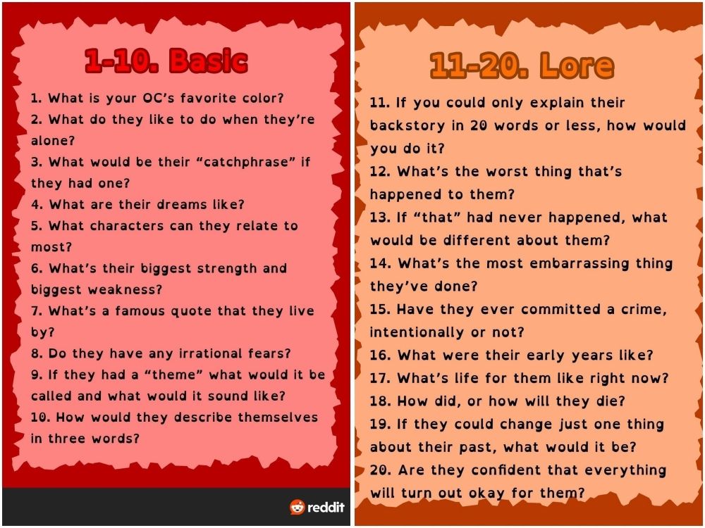 Bunch of OC questions that reads:
1-20 Basic and Lore
1. What is your OC's favorite color?
2. What do they like to do when they're alone?
3. What would their "catchphrase" if they had one?
4. What are their dreams like?
5. What characters can they relate to most?
6. What's their biggest strength and biggest weakness?
7. What's a famous quote that they live by?
8. Do they have any irrational fears?
9. If they had a "theme" what would it be called and what would it sound like?
10. How would they describe themselves in three words?
11. If you could only explain their backstory in 20 words or less, how would you do it?
12. What's the worst thing that's happened to them?
13. If "that" had never happened, what would be different about them?
14. What's the most embarrassing thing they've done?
15. Have they committed a crime, intentionally or not?
16. What were their early years like?
17. what's life for them like right now?
18. How did, or how they die?
19. If they could change one thing about their past, what would it be?
20. Are they confident that everything will turn out okay for them?