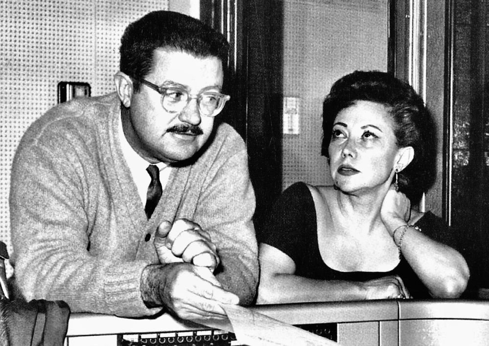 Bill Scott and June Foray in the studio.