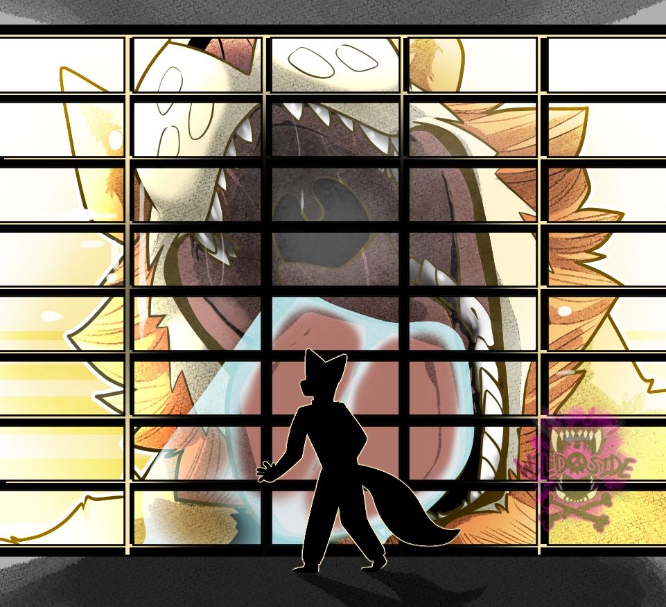 Rune's giant open maw and tongue outside a window while a silhouette of a much smaller fur stands in front