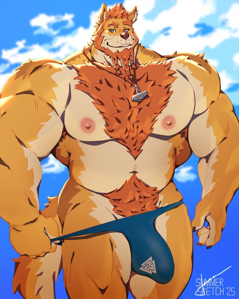 Rune Ironmane, a large muscular anthropomorphic wolf, wearing a skimpy blue speedo and teasing the viewer by pulling on the strap