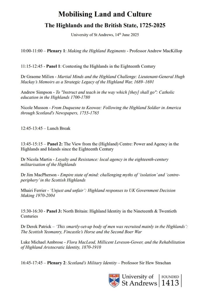 Written conference programme showing the details of papers and panels. The panel with UHI staff is titled 'The view from the (Highland) Centre: Power and Agency in the Highlands and Islands since the 18th century. Nicola Martin's paper was titled: Loyalty and Resistance: Local agency in the eighteenth-century militarisation of the Highlands. Jim MacPherson's paper was titled: Empire State of Mind: challenging myths of 'isolation' and 'centre-periphery' in the Scottish Highlands. Mhairi Ferrier's paper was titled: 'Unjust and unfair': Highland responses to UK Government decision making 1970-2004. 