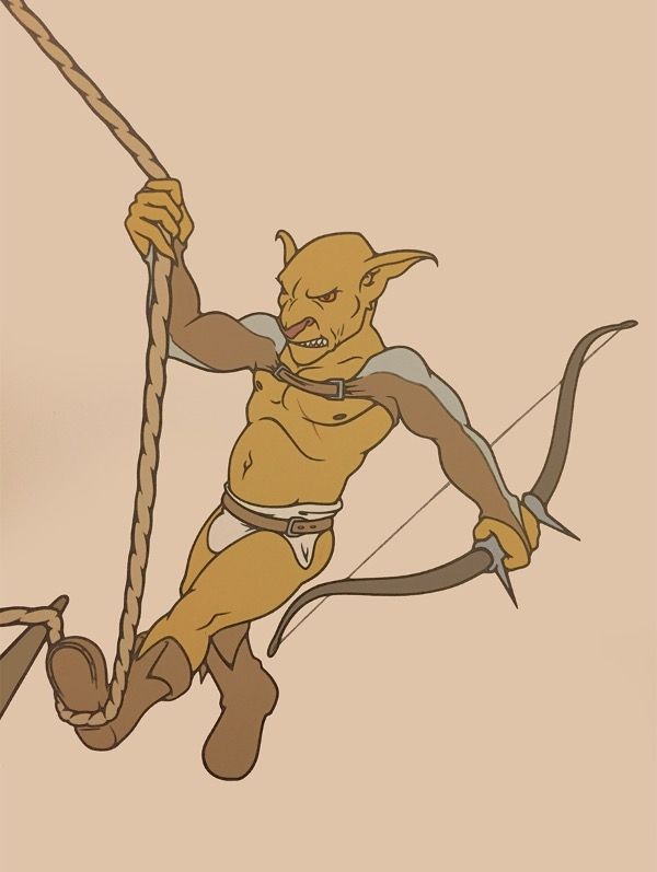 Gobbs, a yellow, pirate goblin wears a set of chainmail bracers, boots, and loose cloth around his loins held up by a belt. He holds a rope connected to a ship's sail poles, placing his left foot against the rope for balance - and holds a bow in his left hand, presumably ready for battle.