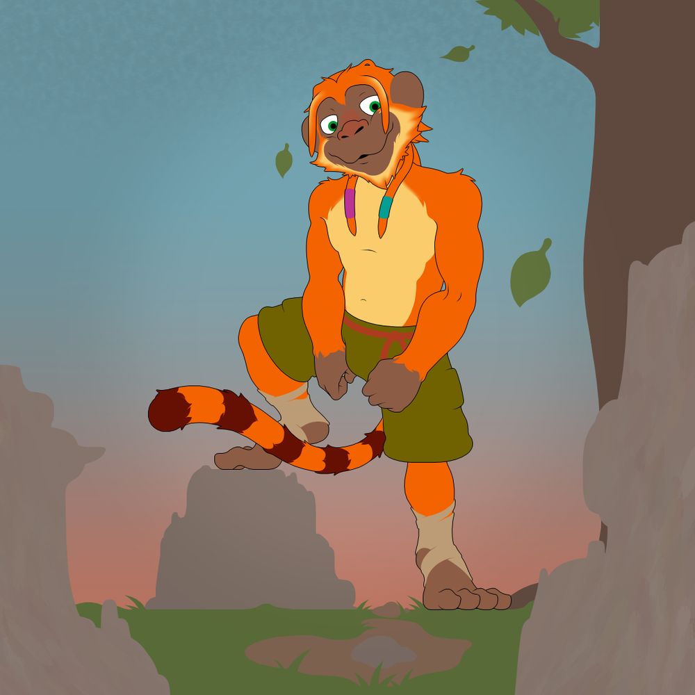 An orange and yellow furred monkey creature with dreads, Izik, stands in a somewhat open field with his right leg propped up on a rock. He's wearing a pair of baggy green pants with a red cloth tied around the primate's waist. The backdrop of a cozy sunset is behind him, and a nearby tree's leaves fall thanks to a strong breeze.