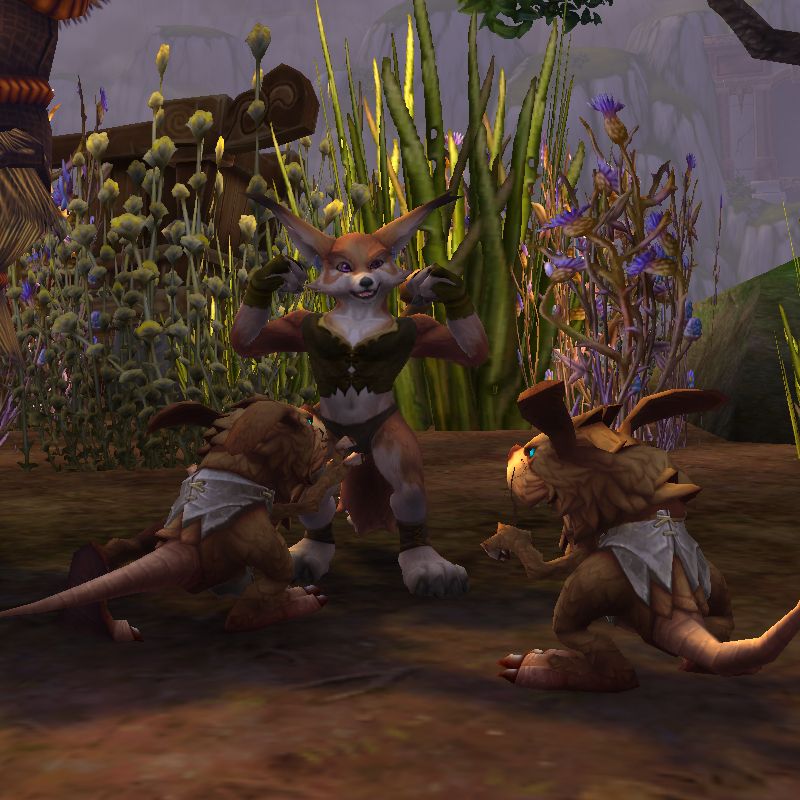 A smug, orange furred Vulpera is about to get his red rocket absolutely slobbered and gnawed on by two hungry, cock height vermin - pray for him, cause when they're done with him, he won't walk right for weeks. One of them is already going in!