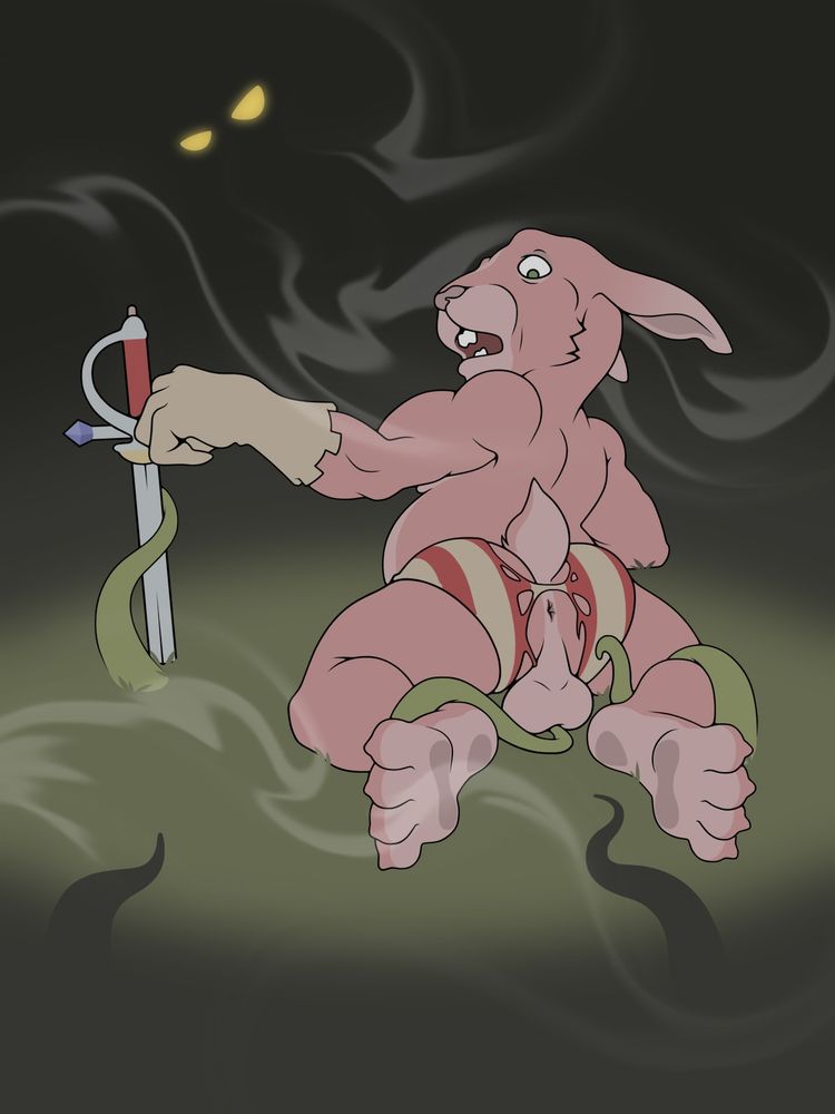 Royal Knight Hopkins took it upon himself to take a "shortcut" through the jungle of pleasure. He started his journey with more clothes, but seems to have lost a bit of them wrestling with the jungle's vines - with his undergarments ripped, exposing the rabbit's rear, he eagerly awaits the jungle's next move.