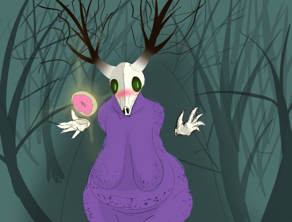 Mari, the forest entity from Posmnaut's game Donuts for Deer Teeth, bashfully showing that she found a special glowing donut collectible of unknown origin.