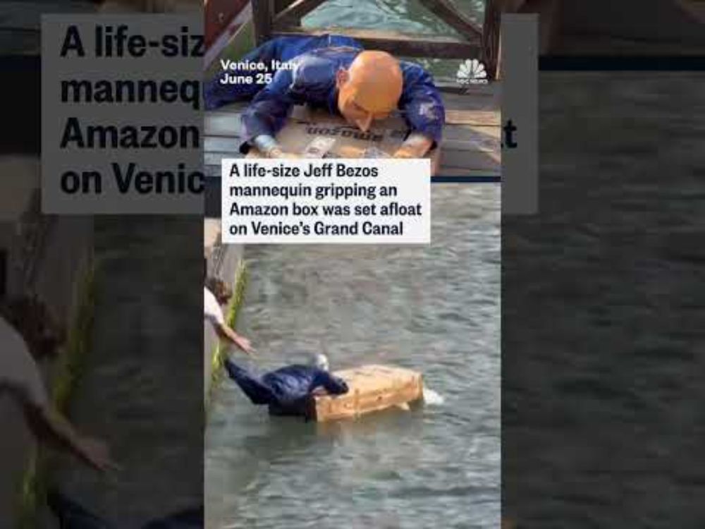 A life-size Jeff Bezos mannequin gripping an Amazon box was set afloat on Venice's Grand Canal