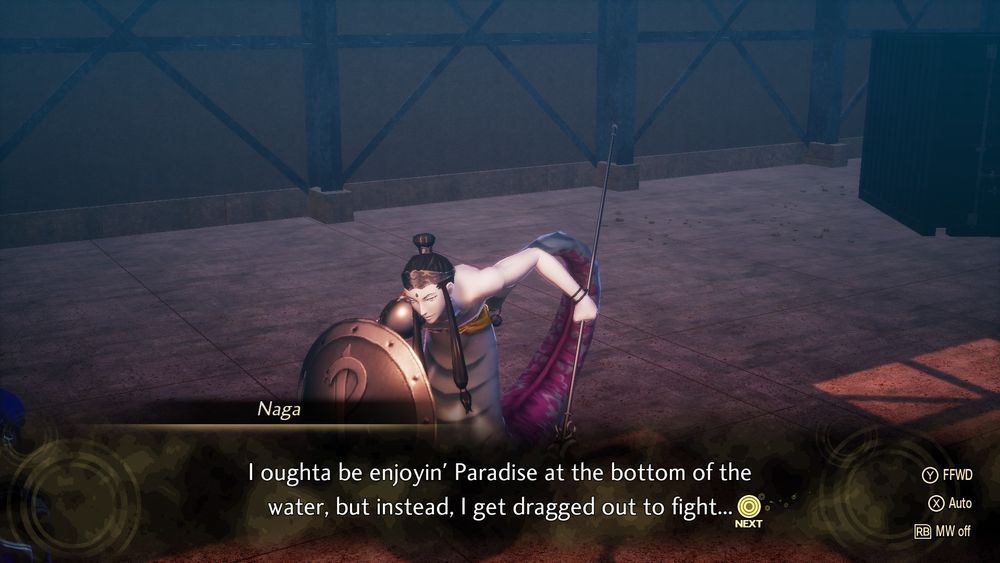 A screenshot of a Naga from SMTVV. There is a text box where he says "I oughta need enjoyin' Paradise at the bottom of the water, but instead, I get dragged out to fight..." (1/2)
