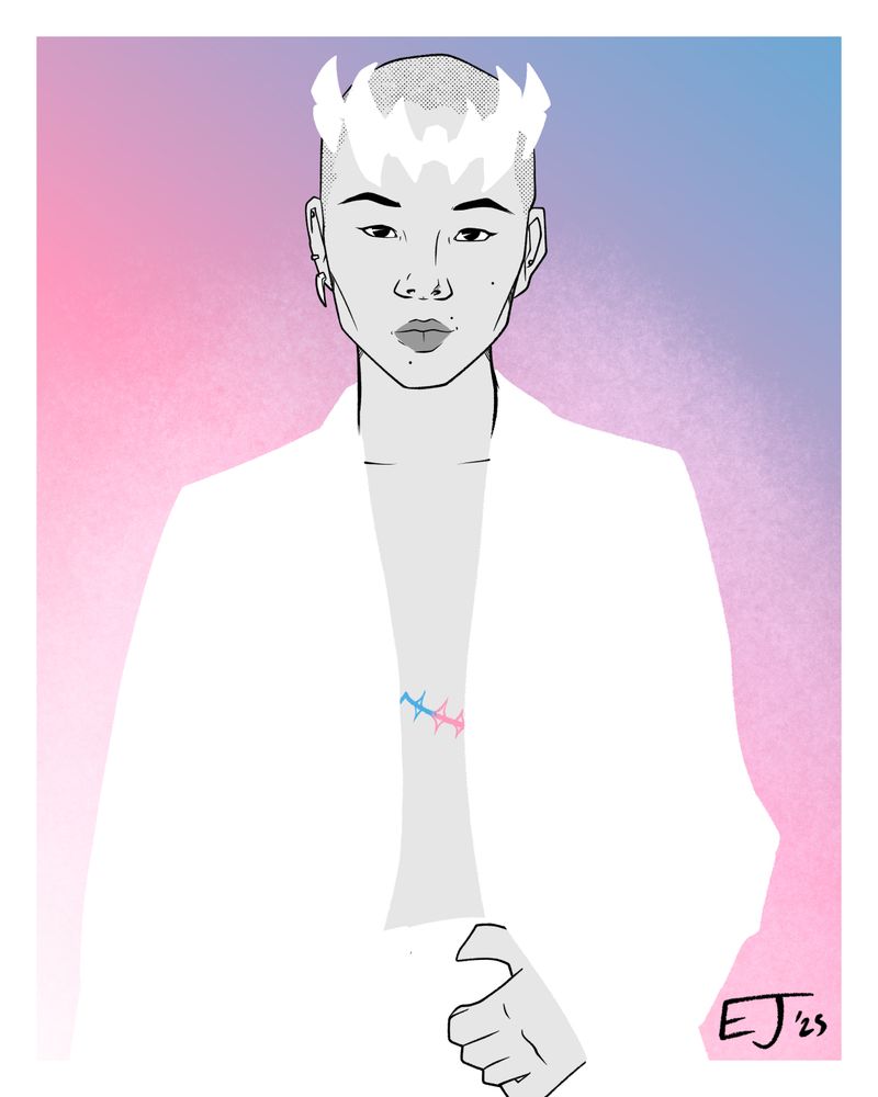 Illustration of the singer Cocona, member of the girl group XG. They are illustrated in black and while with pink and blue top surgery scars in front of a background in the trans flag colors.