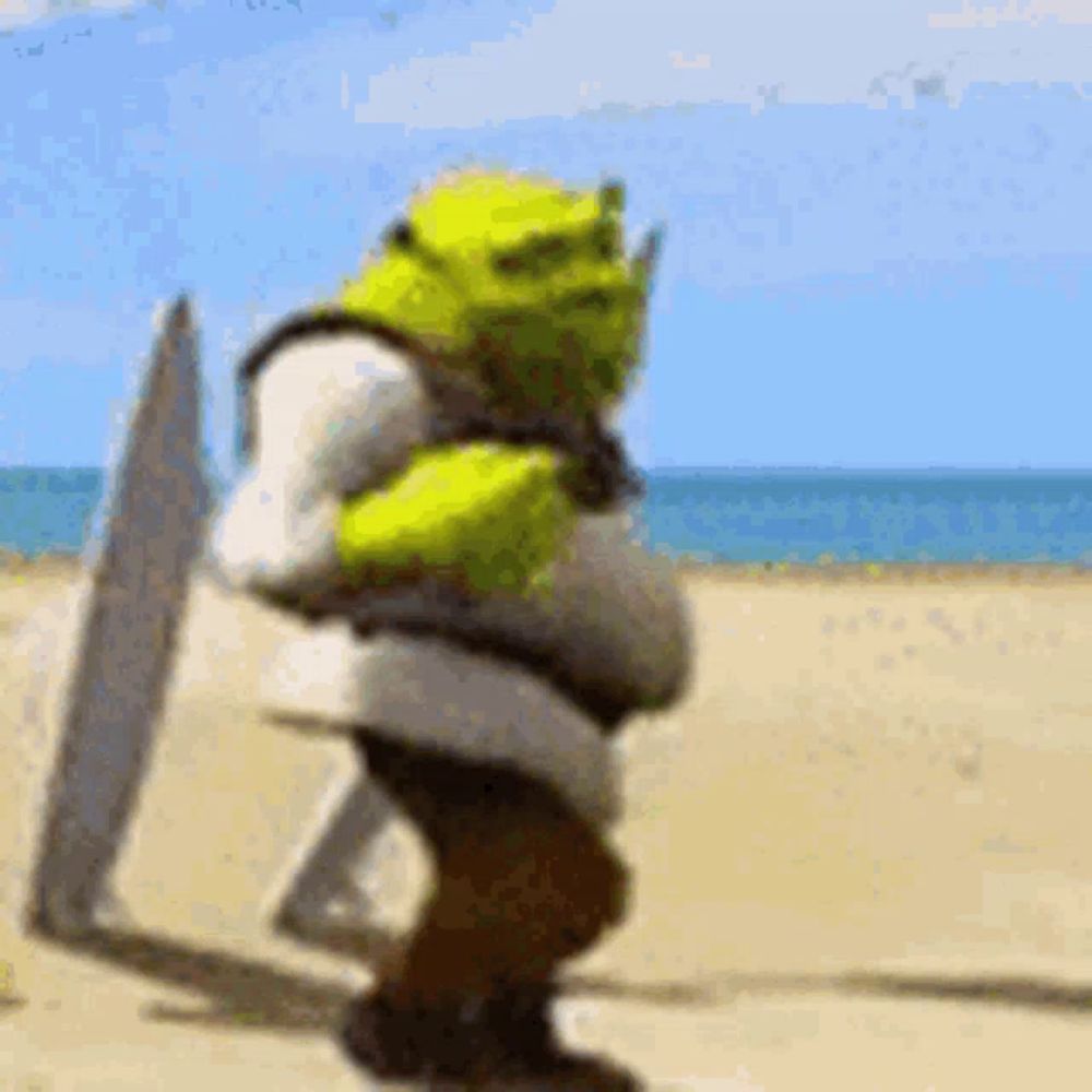 shrek from the movie shrek is walking on the beach with a surfboard