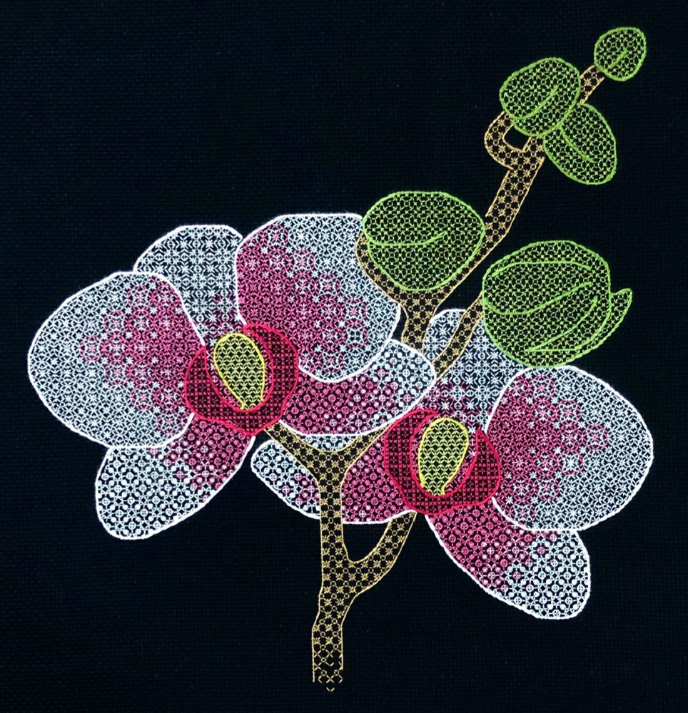 A photo of a piece of blackwork embroidery on black Aida cloth.  The piece shows a stem holding two orchid blossoms with pink centres, fading to white at the outside of the petals.  Several unopened buds are farther up the stem.