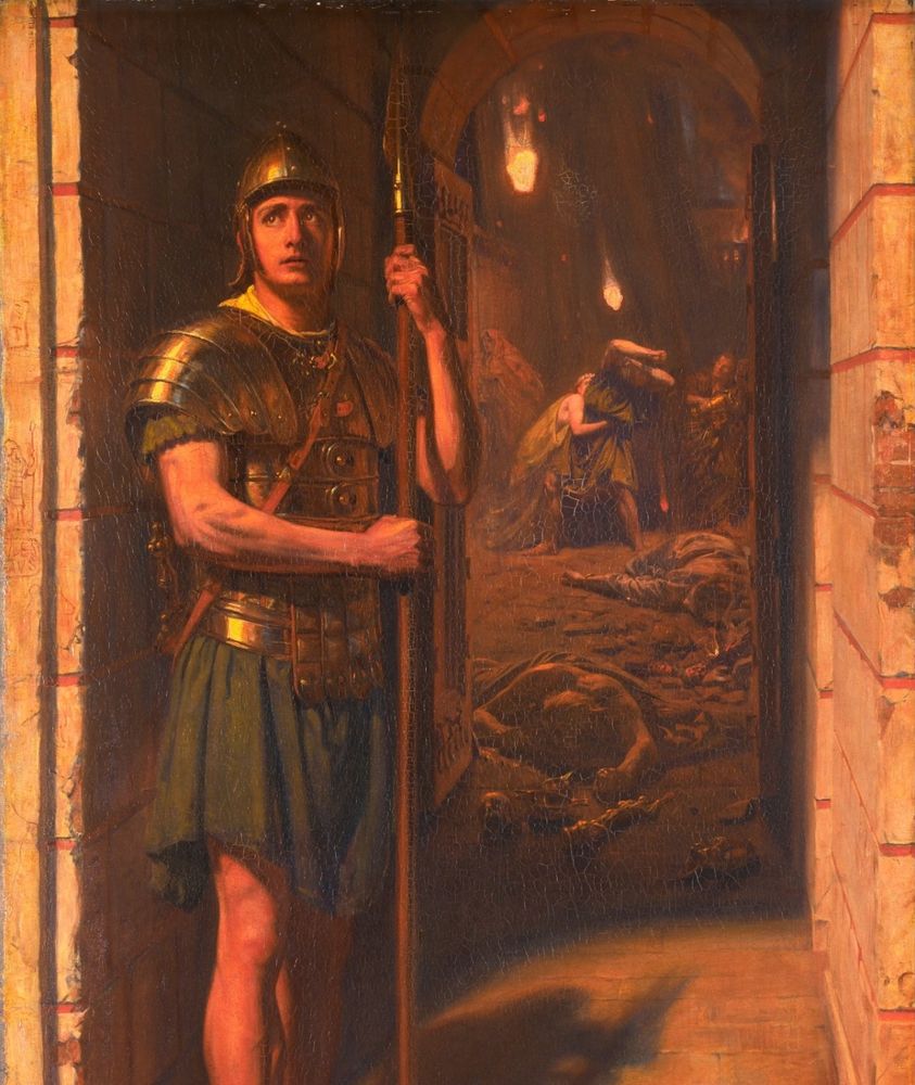 Edward John Poynter's 1865 oil painting "Faithful unto death", depicting a Roman soldier patiently standing guard over a stone archway in the city of Pompeii while citizens behind him lie dead on the ground or run while trying in vain to shield their heads from falling globs of lava. The soldier is staring directly toward the light source, presumably the volcanic eruption itself, which reflects in his armor and casts a motion-blurred shadow on the ground behind him.