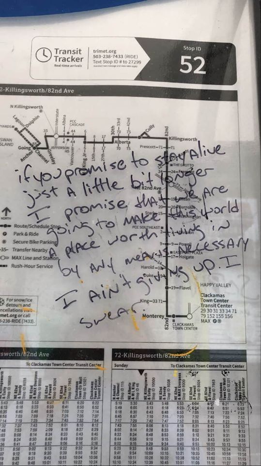 A transit map on a bus or train, with words scrawled over it: "If you promise to stay alive just a little bit longer I promise that we are going to make this world a place with living in by any means necessary. I ain't giving up, I swear."