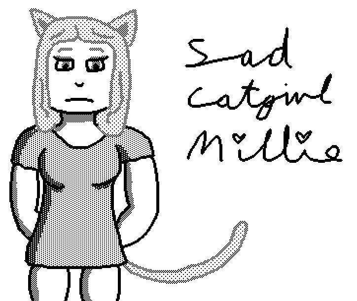 A 1-bit portrait of me as a catgirl, captioned "sad catgirl Millie"