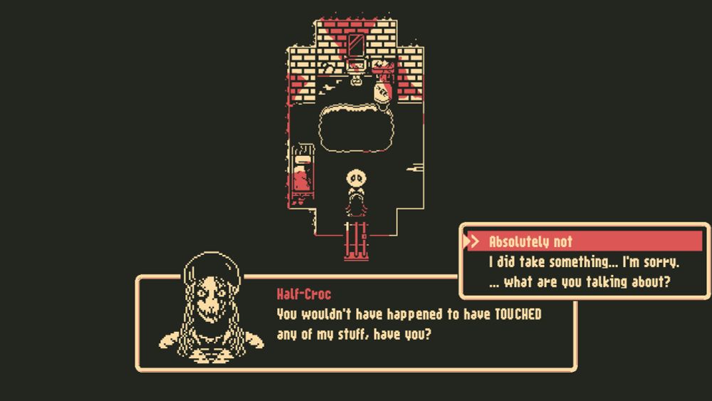 A pixel art image of a prison cell, a large hole in the center of the room. A faceless person is being confronted by a half human, half crocodile character named Half Croc asking “you wouldn’t have happened to have TOUCHED any of my stuff, have you?” While blocking the exit to the door. The faceless person, named Muffles, is choosing to reply with denial, an apology or feigning ignorance. 