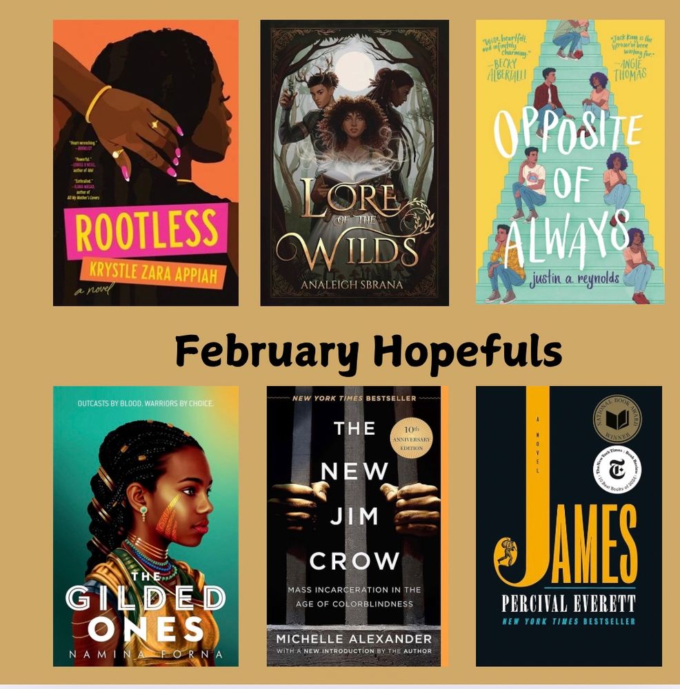 A list of books I hope to read this month made up of rootless by Krystle Zara Appiah, Lore of the wilds by Analeigh Sbrana, Opposite of Always by Justin A Reynolds, the gilded ones by Namina Forna, The new Jim Crow by Michelle Alexander, and James by Percival Everett