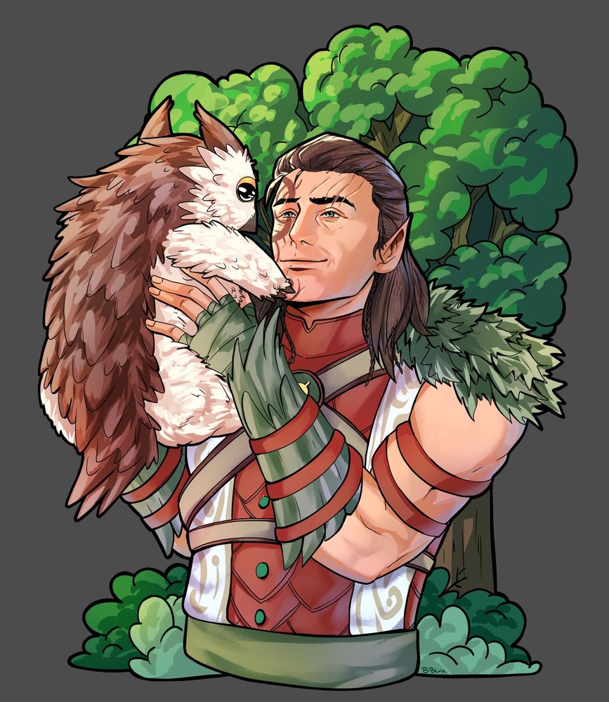 Halsin holding a small owlbear cub in his hands while smiling softly