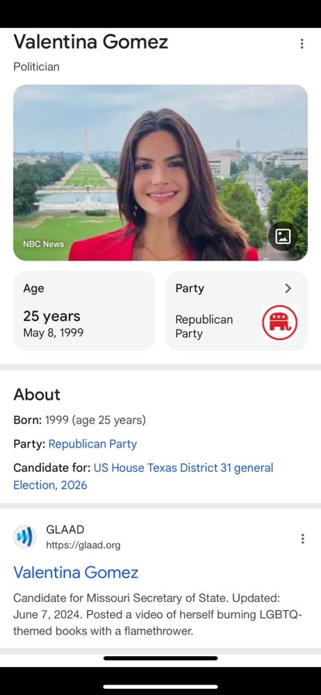 Picture showing Valentina Gomez and her political affiliation