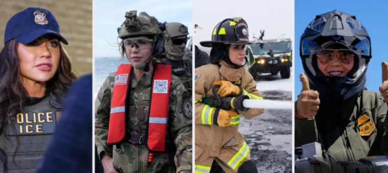 Kristi Noem cosplaying as a Police Officer, a US Marine, a Firefighter, and a Highway Patrol Officer.