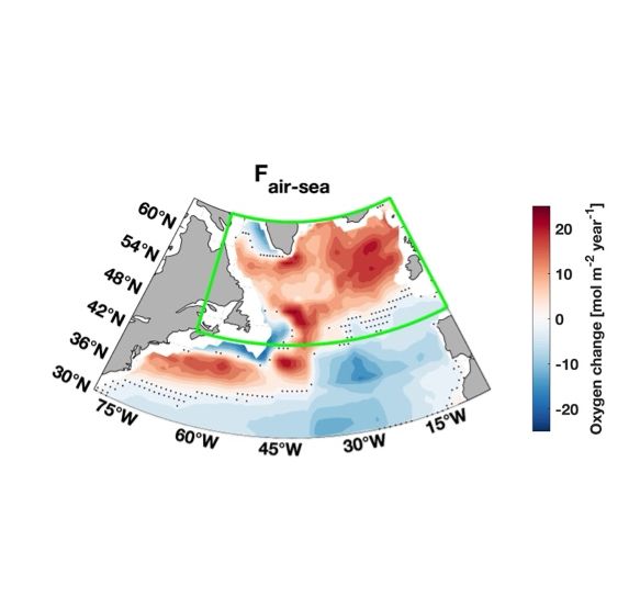 Map showing annual air-sea exchange of oxygen in the North Atlantic