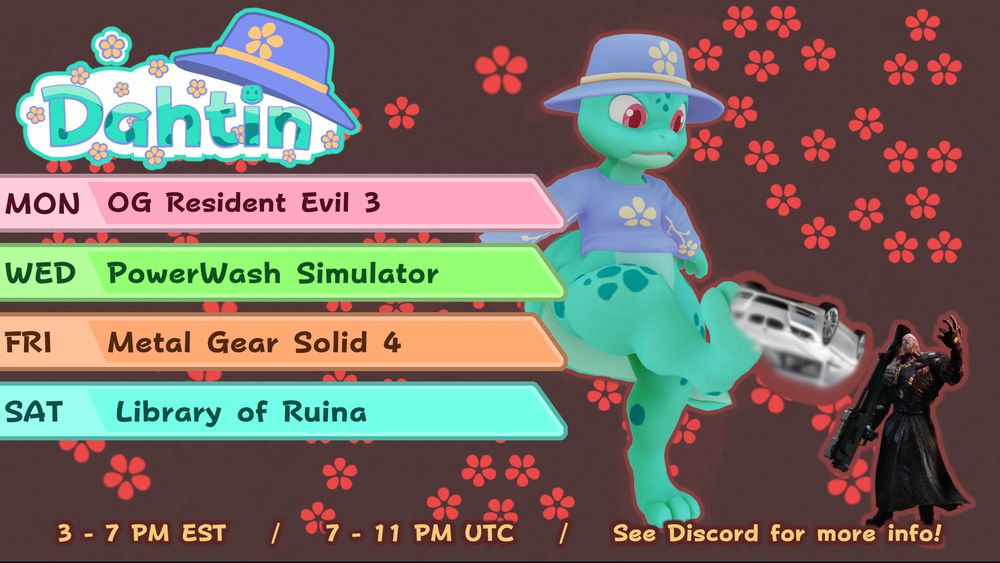 August 10th, 2025 Stream Schedule

Monday: RE3 (OG)
Wednesday: PowerWash Simulator
Friday: Metal Gear Solid 4
Saturday: Liibrary of Ruina

Image: A gigantic Dahtin kicks a car at Nemesis. For their crimes.