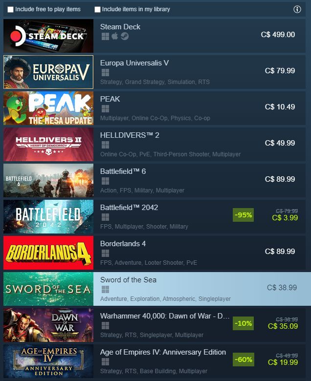 Screen capture of Steam's Top Seller list in Canada showing Sword of the Sea ranking eighth behind Steam Deck, Europa Universalis V, Peak, Helldivers 2, Battlefield 6 and Borderlands 2.