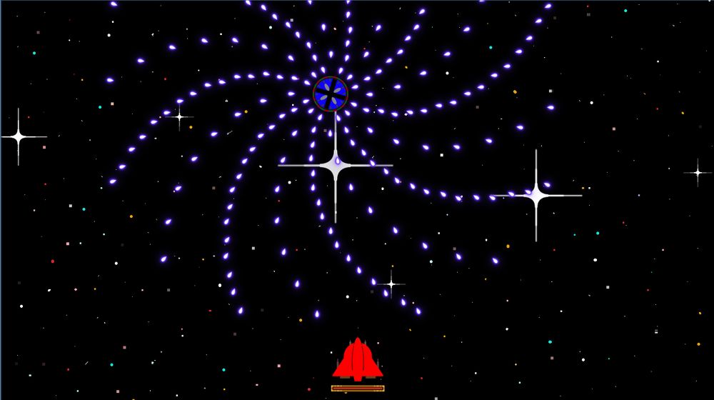 Screenshot of a video game I'm working on. It shows space scene with many colored pinpoints. At the bottom an angular red starship (the player's ship). In the top middle part a "saucer" shoots laser dots while rotating giving a nice visual of a funnel covering 3/4 of the screen.