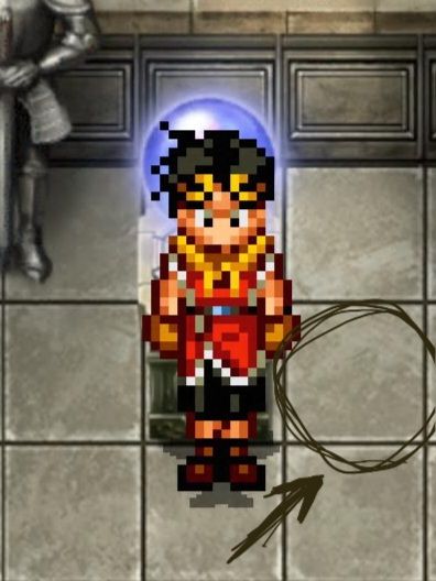 Screenshot of MC in Suikoden 2 Remastered in Rockaxe Castle, and there is a pattern on the tile to his right that resembles a panda face
