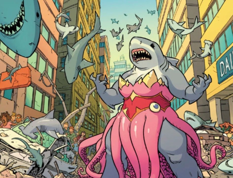 A shark woman type character from what I believe is a DC comic, and she is wrecking everything with shark powers