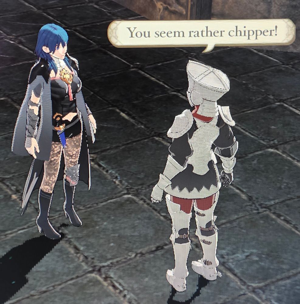 (Fire Emblem 3 Houses) an armored npc is exclaiming the following at the mc "you seem rather chipper!"