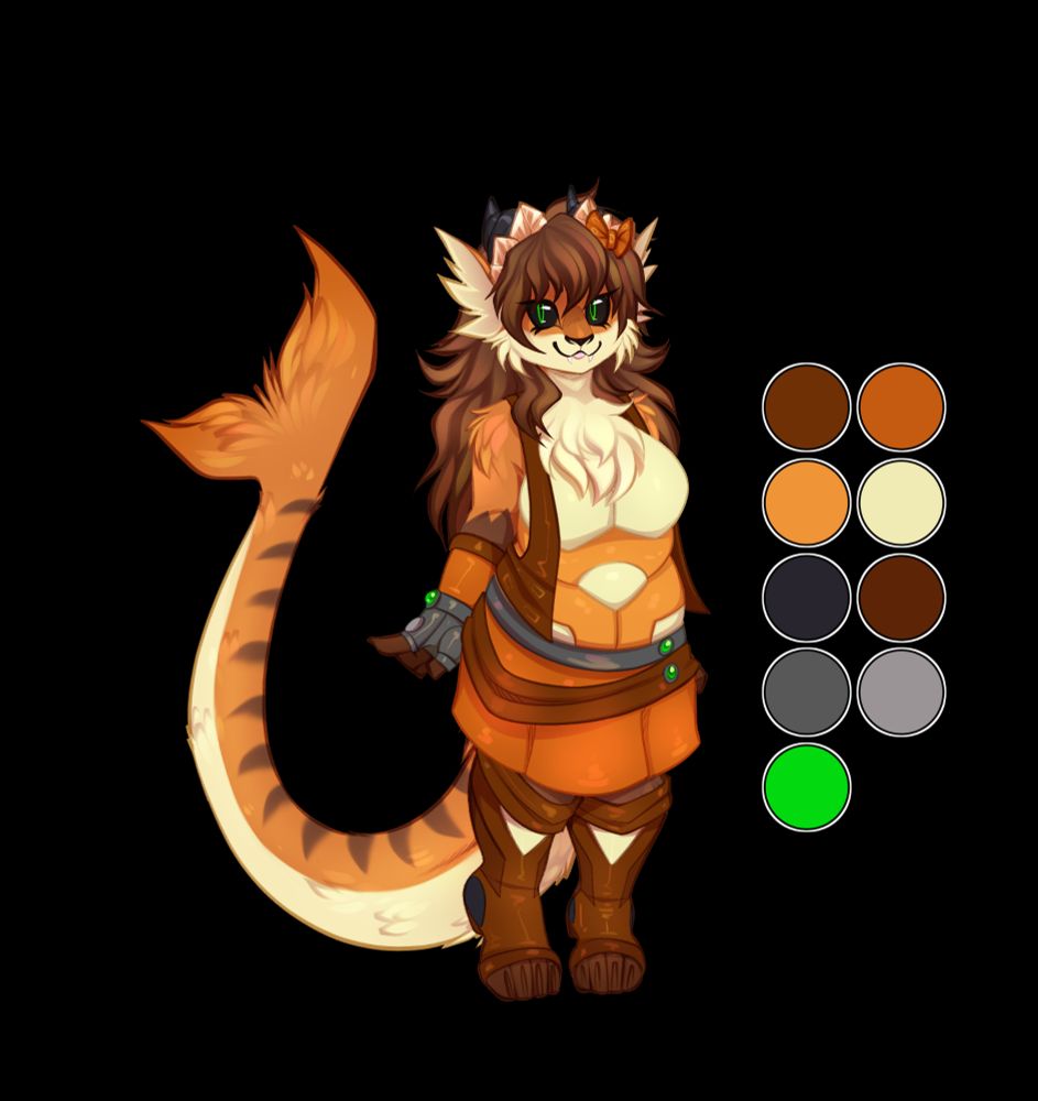 An orange and cream fox-shark girl character standing in a neutral pose has long brown hair, wearing loosely sci-fi armor and an orange skirt with multiple belts. She has black eyes with green cornias.  She has a long fluffy shark tail with brown stripes on it. The color palette is off to her right