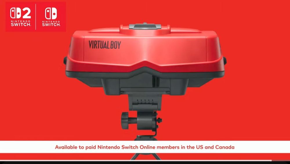 A Nintendo Virtual Boy against a red backdrop with Nintendo Switch 2 and Switch logos in the upper left. The bottom chiron reads "available to paid Nintendo Switch Online Members in the US and Canada"