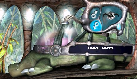 Muco the Egg Layer.  Quadruped sauropod-esque creature with a gaping hole where it's face would be. Seemingly part of some machine, with a large glass dome attached to its back, and a controller-y panel-y gizmo. There's a picture of a Creature, and a sign saying Dodgy Norns. The background is arboreal, perhaps jungle.