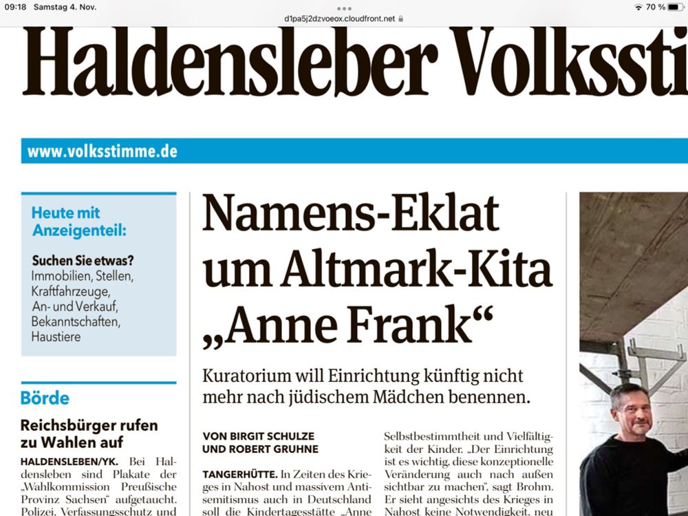 zeitungsartikel über eine kita die den namen anne frank kita ablegt und sich im umfeld die nazis den arsch abfreuen