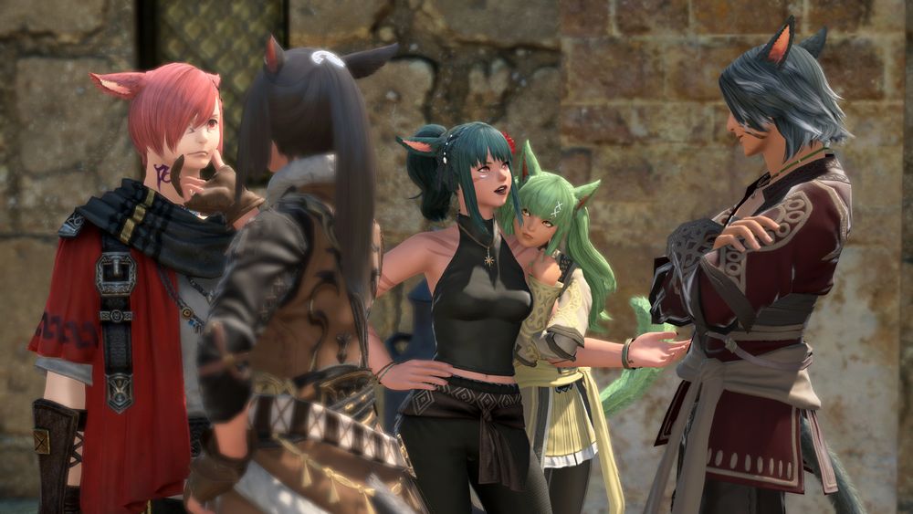 group shot of several miqo'te. l'thena casually chats with her father while her little sister clings to her arm. in the foreground, g'raha stands stiffly and awkwardly, staring forward with wide eyes while l'thena's mom holds his chin in place.