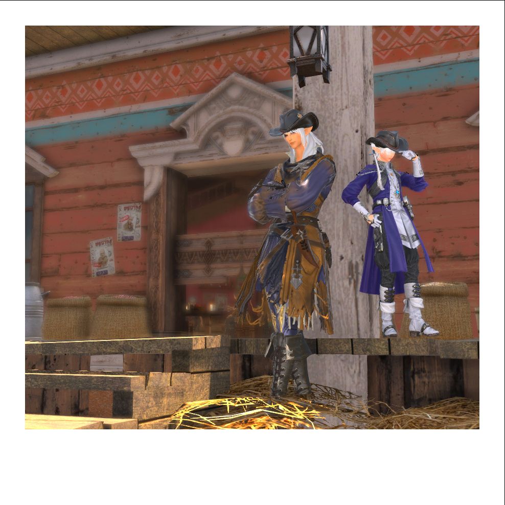 photograph of estinien and alphinaud standing outside a saloon in shaaloani. estinien is leaning against a pillar, wearing a cowboy hat and looking cool. alphinaud is also leaning against the pillar and wearing a cowboy hat. he THINKS he looks cool.