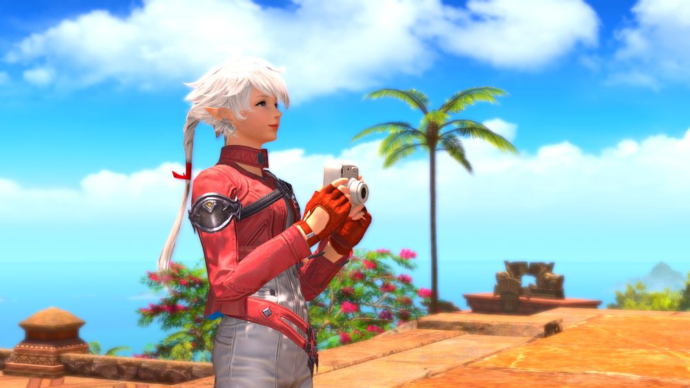 same as previous, but alisaie is now standing up straight, gazing into the distant sky with a gentle smile.
