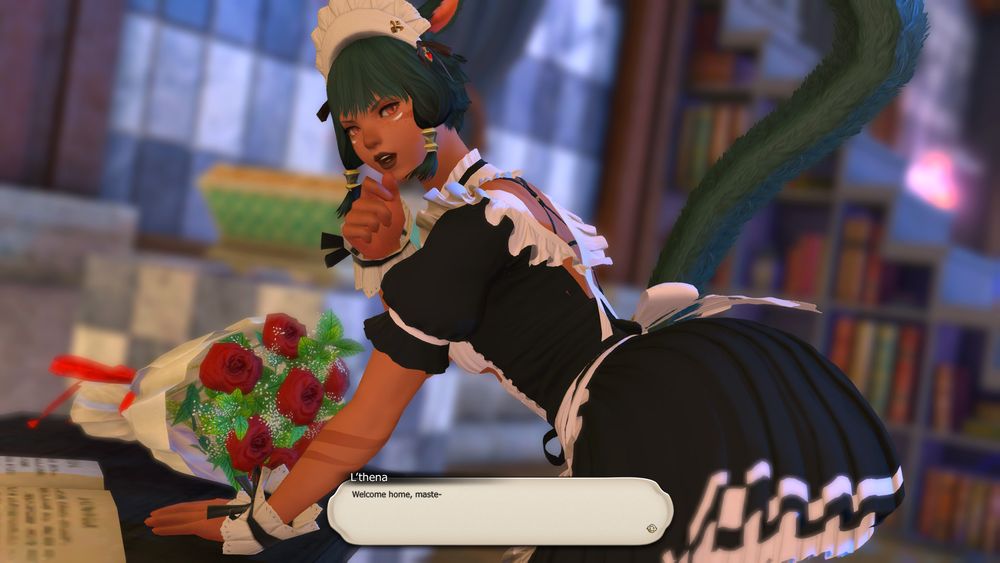 screenshot of final fantasy 14. a miqote in a short maid costume leans over a table seductively, looking over her shoulder. a textbox says "welcome home maste-"