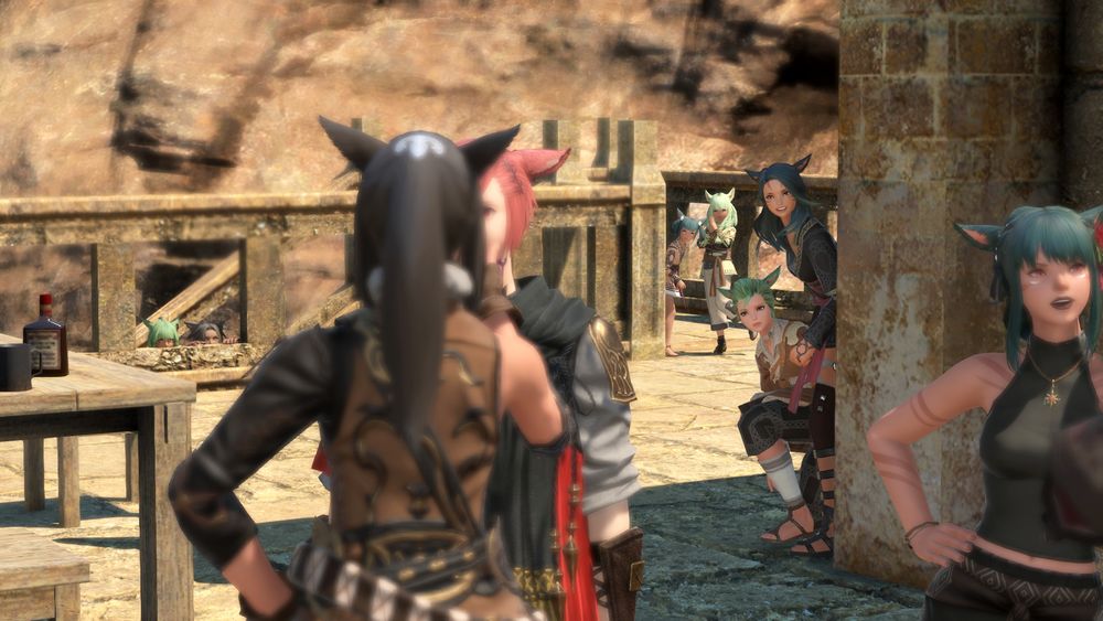 a wider angle of the previous scene showing several other related miqo'te of various ages spying on what's happening, lurking around the side of the building and peering over the edge of the stairs. some are smiling and some look curious. they are all hiding very very badly.