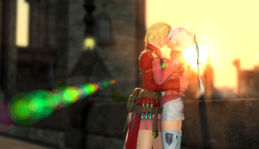 alisaie and arya embrace and share a soft kiss on the walkways above mor dhona, the whole scene glowing gold as it's backlit by the setting sun.
