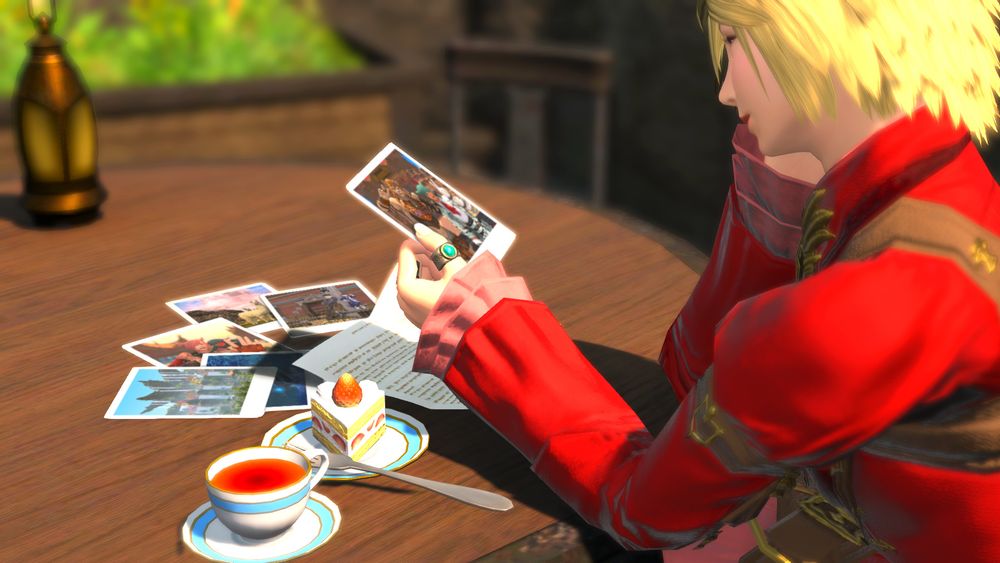 another angle of previous, looking partially over arya's shoulder with a better view of the photos. they are too small to see details but are clearly pictures of various locations from tural. the photo arya is holding is a picture of wuk lamat and koana.
