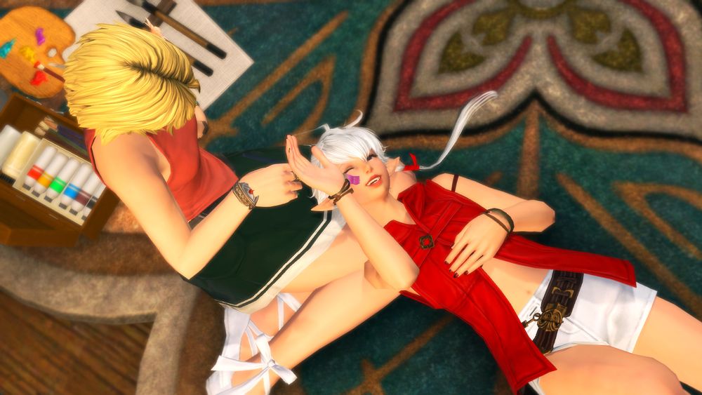 top-down angle showing arya brushing purple paint onto alisaie's cheek, while alisaie laughs and tries to push her aside.
