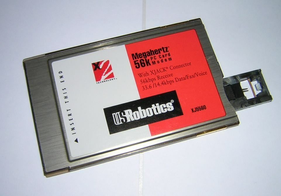 USRobotics PCMCIA 56k modem with a clever pop-out, vertical insertion RJ-11 compatible jack for the phone line connector.

It's about the size of 4 credit cards stacked, made of brushed aluminum, with a large red and white background label covering most of the serface shown.