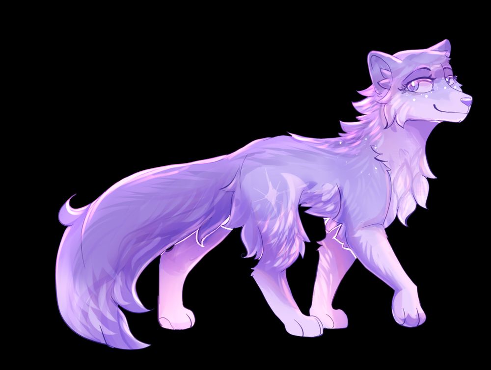 Another drawing of a purple colored wolf/fox hybrid, with the body more of a wolf and a long flowing tail of a fox. This one was made in 2020 and is a little more saturated and highlighted in pinks. She looks like she's in the middle of walking away but have turned back to look at the camera. Character belongs to Hiraethh on ArtFight