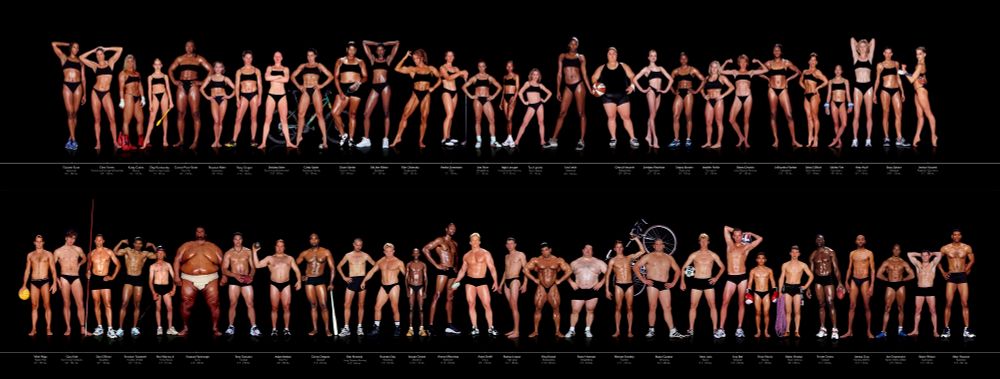 a bunch of olympic athletes, literally the peak of human physical endeavor, wearing black underwear and standing next to each other to illustrate the surprisingly vast range of builds and body types. they deliberately juxtapose tall and short people and lean and fat people.