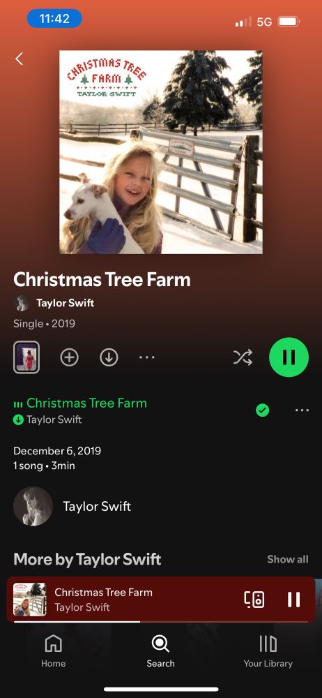 Screenshot of Spotify playing “Christmas Tree Farm” by Taylor Swift. This song is amazing 