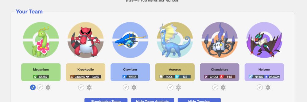 Screenshot from Pokémon team planner that  says 
Your Team: 

Meganium
Krookodile
Clawitzer
Aurorus
Chandelure
Noivern