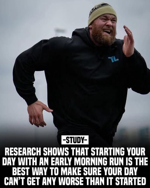 Picture of a man in a black sweater and winter hat running with the text:
"Research shows that starting your day with an early morning run is the best way to make sure your day can't get any worse than it started"