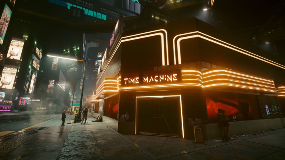 Exterior of a futuristic record store called "Time Machine", on a dark looking street.
